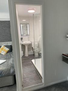 a bathroom with a shower and a toilet and a sink at THE TREVONE, Llandudno in Llandudno