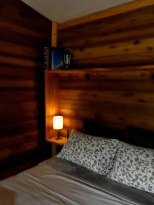 ein Schlafzimmer mit einem Bett mit einer Holzwand in der Unterkunft Reserva Jacarandá Cabanas in Aiuruoca