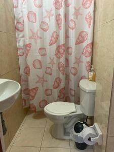 a bathroom with a toilet and a shower curtain at Habitacion en Cartagena in Cartagena de Indias