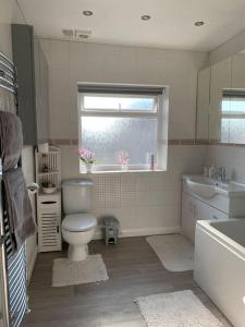 a bathroom with a toilet and a sink and a window at Private apartment in Wrose, Shipley, Bradford in Shipley