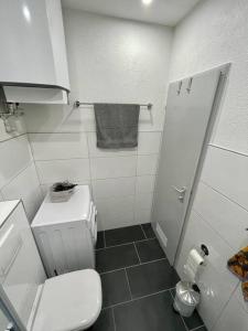 La salle de bains blanche est pourvue de toilettes et d'un lavabo. dans l'établissement City Apartment - E.C.E-Center - Smart TV, à Karlsruhe