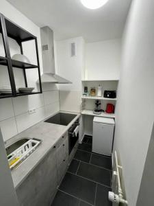 eine kleine weiße Küche mit einer Spüle und einem Geschirrspüler in der Unterkunft City Apartment - E.C.E-Center - Smart TV in Karlsruhe