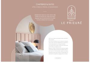 a catalogue of a bedroom with a bed and a mirror at Hôtel Le Prieuré in Paray-le-Monial