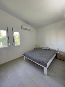 a bedroom with a bed and two windows at Adriatic Family House in Utjeha