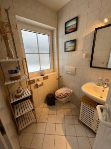 a bathroom with a sink and a toilet and a window at Ferienhaus im Thüringer Wald in Struth-Helmershof