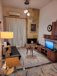 uma sala de estar com lareira e televisão em MarGe Apt em Arta