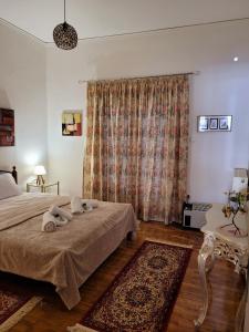 um quarto com uma cama com uma cortina e um tapete em MarGe Apt em Arta