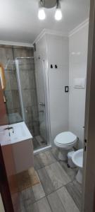 uma casa de banho com um chuveiro, um WC e um lavatório. em Semipiso 3 Dormitorios 2 Baños Nueva Córdoba em Córdoba