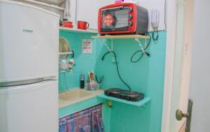 a kitchen with a sink and a microwave on a shelf at Dois em cena - apartamento aconchegante e tranquilo no Centro do Rio in Rio de Janeiro