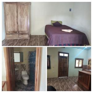 2 fotos de un dormitorio con cama y baño en Hosteria del Centro en Santiago Atitlán