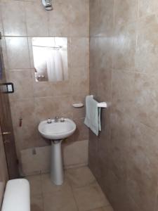 y baño pequeño con lavabo y ducha. en Habitacion con baño privado en hermosa casa centrica de Ciudad en Mendoza