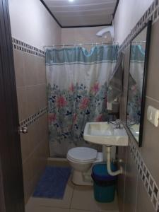 a bathroom with a toilet and a sink at Apartamentos Caimán Tortuguero in Tortuguero