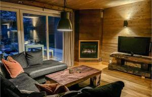 5 Bedroom Cozy Home In Hemsedal في هيمسيدال: غرفة معيشة مع أريكة وتلفزيون ومدفأة