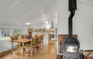 FjerritslevにあるAmazing Home In Fjerritslev With 3 Bedrooms, Sauna And Wifiのキッチン、ダイニングルーム(薪ストーブ付)