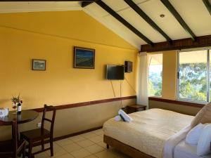 1 dormitorio con cama, mesa y ventana en Hotel Colinas Altavista, en Tarbaca
