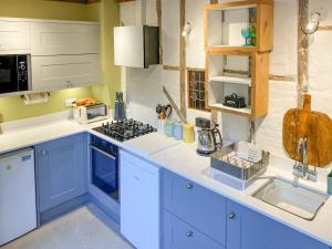 una cucina blu con lavandino e piano cottura di Mouse House a Hastings
