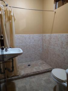 een badkamer met een douche, een wastafel en een toilet bij Hotel D Silva in Tochimilco