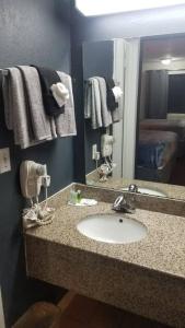 a bathroom with a sink and a mirror at OSU King Bed Hotel Room 103 Booking in Stillwater