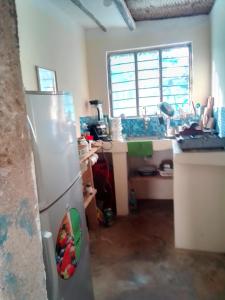 a kitchen with a refrigerator and a counter top at Bibi Mrembo Guesthouse in Pingwe