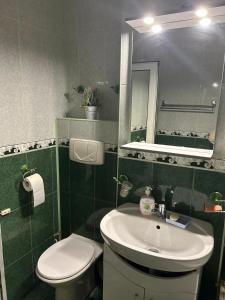 bagno con lavandino, servizi igienici e specchio di Apartament Onesti a Onești