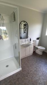 a bathroom with a shower and a sink and a toilet at Kaimai Sunset Bed & Breakfast in Matamata