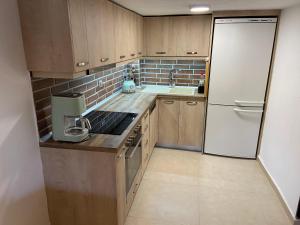 a kitchen with wooden cabinets and a white refrigerator at Aristotelis Apartment in Nikiti