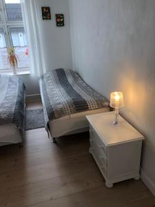 a bedroom with two beds and a table with a lamp at Bulagergaard in Vejen