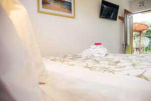 a white bed with a stuffed animal on top of it at Futuna Rocks Motel in Kaikoura +47 photos