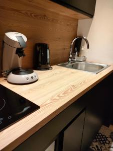 a kitchen counter with a sink and a coffee maker at Superbe studio 2** rénové a neuf idéalement placé in Aix-les-Bains