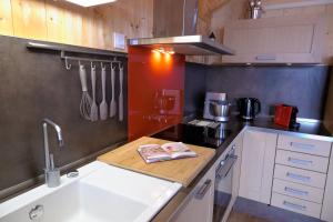uma cozinha com um balcão com um lavatório e um balcão em Gîte du Bief de la Chaille em Les Rousses