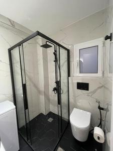 a bathroom with a shower and a toilet and a window at ATH-Brand new 2bedroom apartment in Athens