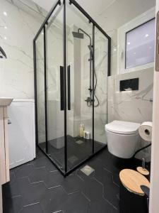 La salle de bains est pourvue d'une douche en verre et de toilettes. dans l'établissement ATH-Brand new 2bedroom apartment, à Athènes