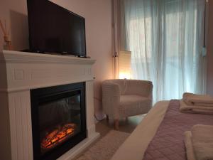 a living room with a fireplace with a television above it at Love Truth Life in Piraeus