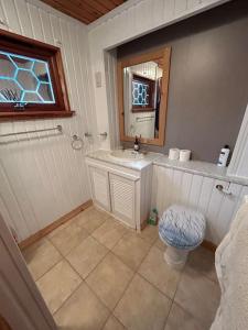 a bathroom with a sink and a toilet and a mirror at Craiglea Cottage, self catering highland cottage. in Fort William
