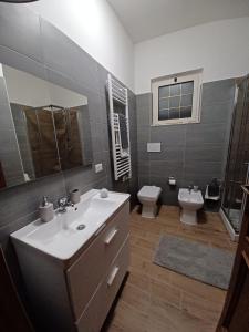 a bathroom with a sink and a toilet and a mirror at Boville Family House in Boville Ernica