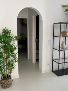 een hal met een boog met een plant erin bij The Palm Apartment Karpathos in Karpathos