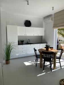 una cucina con tavolo e sedie in una stanza di The Palm Apartment Karpathos a Karpathos