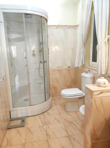 La salle de bains est pourvue d'une douche et de toilettes. dans l'établissement New Dawn Apartment, Appartamento Turistico, casa vacanze, à Catane