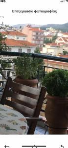 a balcony with a table and two potted plants at Πηνελόπη Apartment 3-bed flat in Tripolis