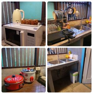 four pictures of a kitchen with a sink and a microwave at Bansuanrimnam Pakchong Resort in Pak Chong