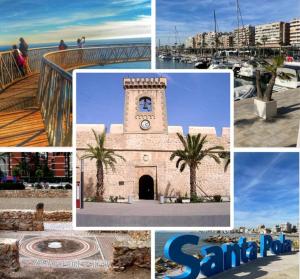 a collage of pictures of a building with a clock tower at Emma Apartman in Santa Pola
