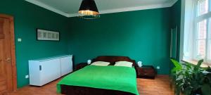 a green bedroom with a bed with a green wall at Alte Schule am See in Biskupiec