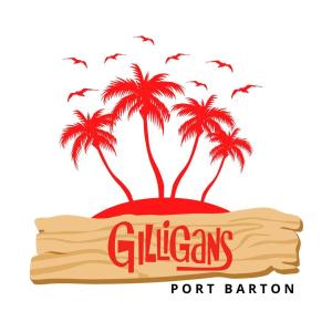 a log with three palm trees and birds on it at Gilligans Port Barton Beach Resort in San Vicente