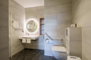 La salle de bains est pourvue de toilettes, d'un lavabo et d'un miroir. dans l'établissement Hôtel Restaurant Ritter'hoft, à Morsbronn-les-Bains