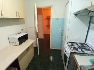 eine kleine Küche mit einem Herd und einer Mikrowelle in der Unterkunft Apartament 3 camere in regim hotelier in Bîrlad