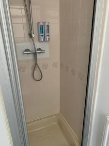 a shower with a glass door in a bathroom at Southfork Villa Guesthouse in Callander