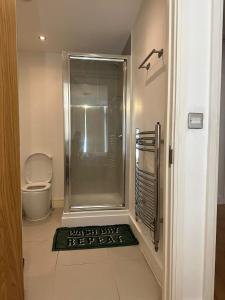 a bathroom with a shower and a green rug at YES Apartments in Crayford