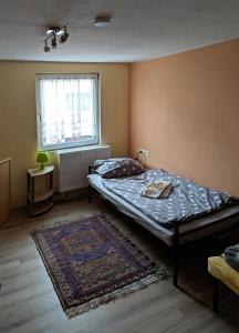 ein Schlafzimmer mit einem Bett, einem Teppich und einem Fenster in der Unterkunft KRW Location in Lauffen am Neckar