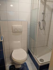 La salle de bains est pourvue d'une douche et de toilettes. dans l'établissement KRW Location, à Lauffen am Neckar