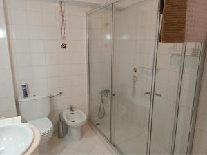 een badkamer met een douche, een toilet en een wastafel bij COZY APARTMENT IN LAGOS in Lagos